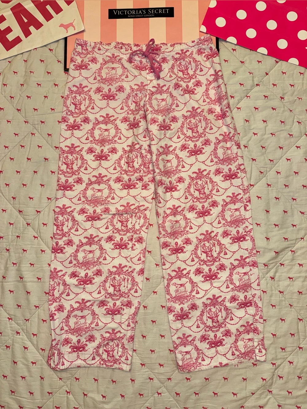 VS PINK VINTAGE Y2K PAJAMA PANTS PJS ROCK N ROLL DOG PUP FLORAL CREST LOGO RARE